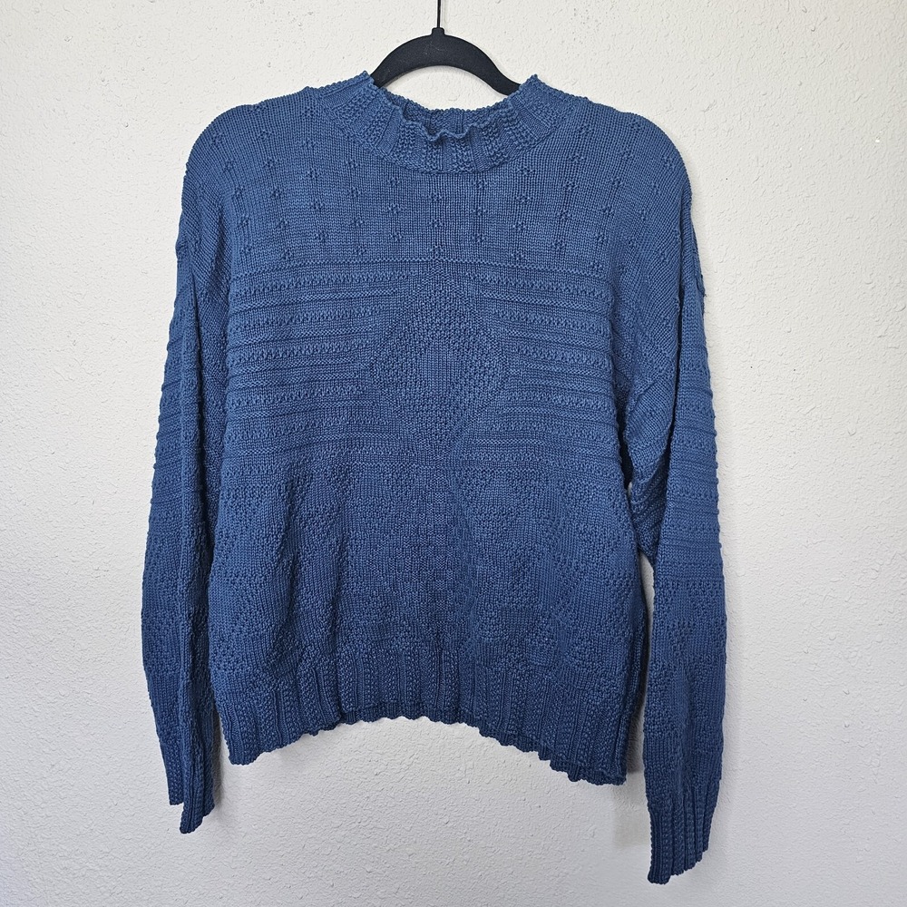 Bedford Fair Blue Textured Cotton Mock Neck Sweater Petite Large USA - Picture 2 of 8